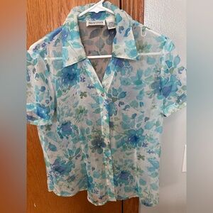 Apparenza size small —sheer button up short sleeve, blue flowers shirt/cover-up